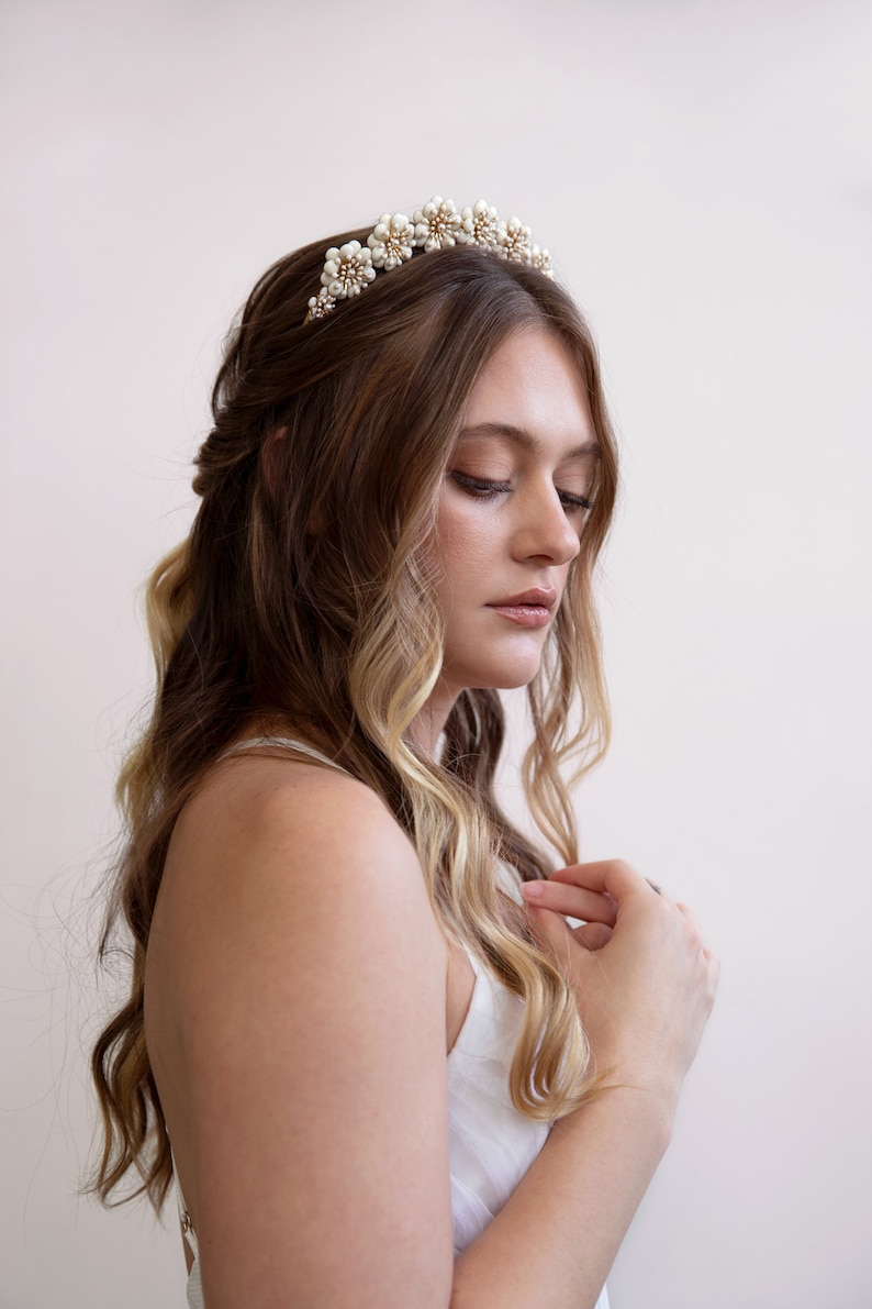 Muriel Gold and White Flower Crown Wedding Head Piece, Boho Hair Piece, Headband, Bridal, Hair accessory, statement crown, wedding tiara image 6