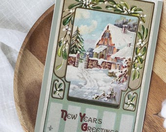 雪の家の新年カード、ヴィンテージクリスマス、ホリデーグリーティング