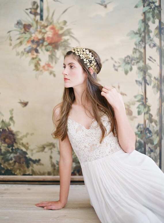 Large Golden Brass Wildflower Crown, Bridal Headband