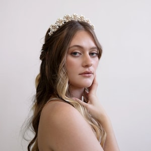 Muriel Gold and White Flower Crown Wedding Head Piece, Boho Hair Piece, Headband, Bridal, Hair accessory, statement crown, wedding tiara image 2