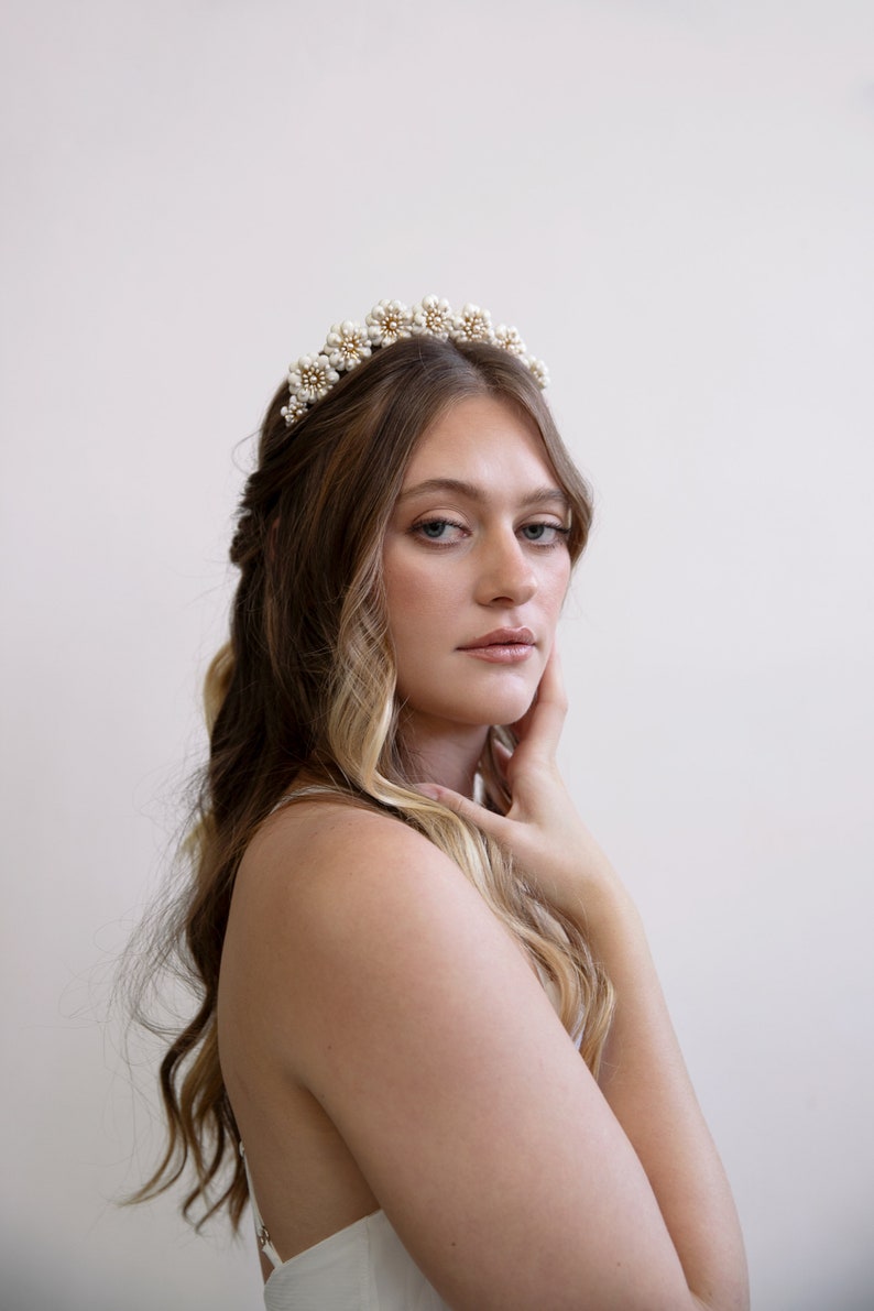 Muriel Gold and White Flower Crown Wedding Head Piece, Boho Hair Piece, Headband, Bridal, Hair accessory, statement crown, wedding tiara image 2