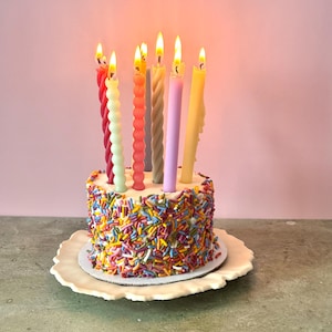 May include: A small round cake covered in colorful sprinkles, topped with lit, colorful candles. The candles are various shades of red, yellow, pink, and purple. The cake sits on a white, scalloped-edge plate against a pink background.