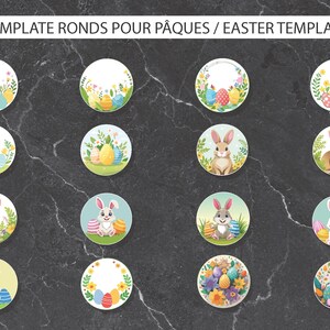 Template Joyeuses Pâques, chasse aux cocos, lapin, oeuf, fleurs, rond, cercle