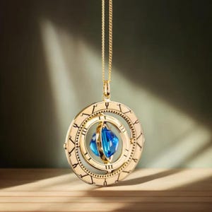 May include: A gold necklace with a spinning blue crystal pendant. The pendant is surrounded by a circular frame with Roman numerals.