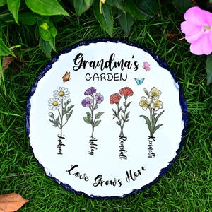 Personalisierter Omas Gartenstein, Individuell gedruckter Stein für Nana, Geburtsblume Omas Gartenstein, Geburtstagsgeschenke, Geschenke für Oma