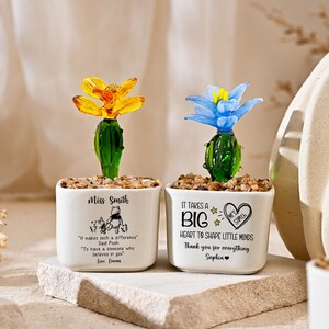 Glass Plant Pot, Personalized Name Mini Glass Flower Cactus Ornament, End Of School Term Gift, Teacher Appreciation Desk Table Decoration