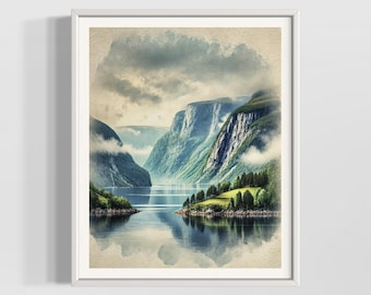 Norwegian Fjords Watercolor Print | Nordic Landscape Wall Art | Scandinavian Nature Decor | Premium Textured Watercolor Matte Posters