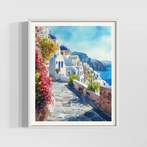 Santorini Vintage Watercolor Print | Scenic Greek Island Wall Art | Mediterranean Travel Decor | Premium Textured Watercolor Matte Posters