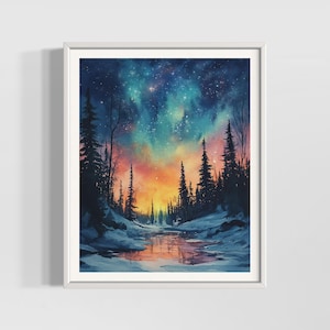 Nordlichter Vintage Aquarell Druck | Aurora Borealis Wandkunst | Island Landschaft Dekor | Hochwertige strukturierte Aquarell Matt Poster