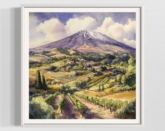 Mount Etna Vintage Watercolor Print | Sicily Volcano Landscape Art | Italian Nature Wall Decor | Premium Textured Watercolor Matte Posters