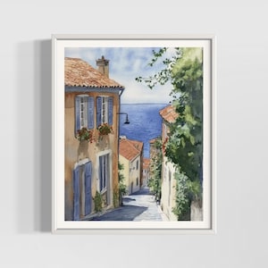 Südfrankreich Aquarell Druck | Mediterrane Küstendorf Kunst | Côte d&#39;Azur Wanddekor | Hochwertige strukturierte Aquarell Matt Poster