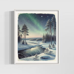 Impresión en acuarela de Laponia, Finlandia / Arte de paisaje invernal nórdico / Decoración de pared de naturaleza escandinava / Pósteres mate de acuarela texturizados de primera calidad