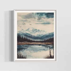 Impresión de acuarela vintage del Parque Nacional Denali / Paisaje de montaña de Alaska / Decoración de pared natural / Pósteres mate de acuarela texturizados de primera calidad