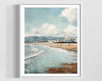 Santa Monica Beach Watercolor Print | California Coastal Wall Art | Vintage Ocean Decor | Premium Textured Matte Poster