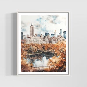New York City Aquarell Druck | Manhattan Skyline Wand Kunst | Central Park Herbst Dekor | Hochwertiges strukturiertes Aquarell Matte Poster