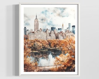 New York City Watercolor Print | Manhattan Skyline Wall Art | Central Park Autumn Decor | Premium Textured Watercolor Matte Poster