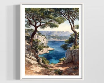 Cassis France Watercolor Print | French Riviera Wall Art | Vintage Coastal Landscape Decor | Premium Textured Poster