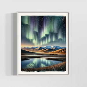 Nordlichter Aquarell Druck | Aurora Borealis Wandkunst | Island Landschaft Dekor | Hochwertige strukturierte Aquarell Matt Poster