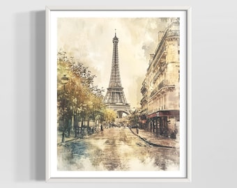 Paris Aquarell Druck | Eiffelturm Wandkunst | Vintage Stadtbild Poster | Hochwertige strukturierte Aquarell Matt Poster