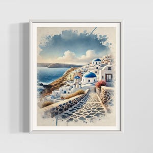 Santorini Watercolor Print | Scenic Greek Island Wall Art | Mediterranean Travel Decor | Premium Textured Watercolor Matte Posters