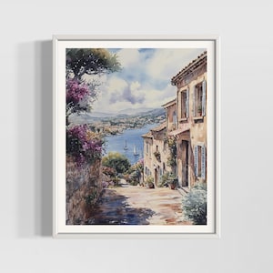 Südfrankreich Vintage Aquarell Druck | Mediterrane Küstenkunst | Côte d&#39;Azur Wanddekor | Hochwertige strukturierte Aquarell Matt Poster