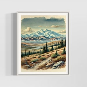 Impresión en acuarela del Parque Nacional Denali / Arte de paisaje de montaña de Alaska / Decoración de pared natural / Pósteres mate de acuarela texturizados de primera calidad