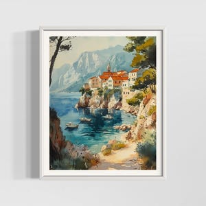 Dalmatinische Küste Vintage Aquarell Druck | Kroatien Meer Kunst | Mediterrane Wanddeko | Hochwertige strukturierte Aquarell Matt Poster
