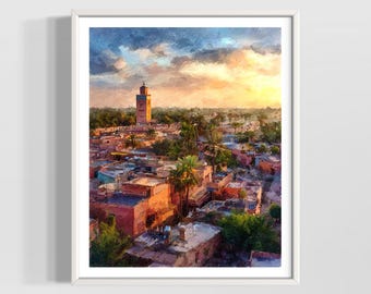 Marrakech Morocco Watercolor Print | Vintage Desert City Wall Art | Moroccan Landscape Decor | Premium Textured Watercolor Matte Poster