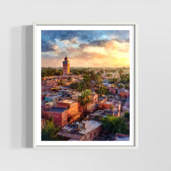 マラケシュ モロッコ 水彩画プリント | ヴィンテージ 砂漠都市
