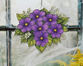 Violet Flowers Acrylic Suncatcher: Floral Window Hanging