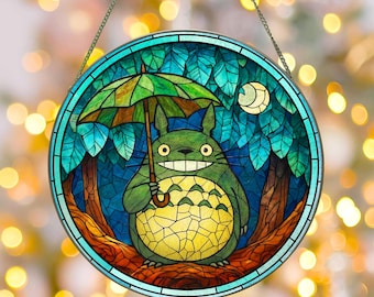 Ghibli Fan Suncatcher, Anime Lover Hobby Stained Glass, Gift For Friends, Birthday Gifts, Kids Room Decor Glass Art, Totoro Window Hanging