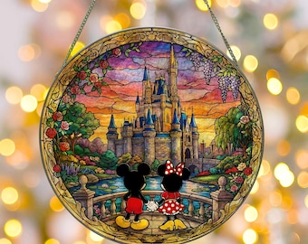 Mickey Minnie Stained Glass Suncatcher, Custom Couple Name Disney Suncatcher Window Hanging, Anniversary Gift for Husband Wife, Couple Gift