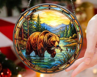 Bear Sunset Stained Glass Suncatcher, Wildlife Glass Art, Rustic Cabin Decor, Nature Lover Gift