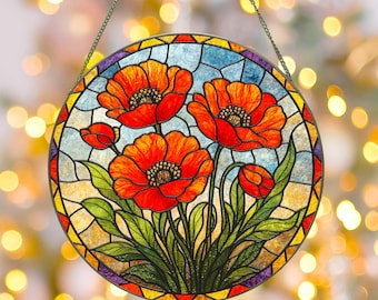 Poppy Flowers Suncatcher, Stained Glass Plant Home Decor, Unique Botanical Art Window Hanging, Artistic Poppy, Memory Day, Poppy Suncatcher