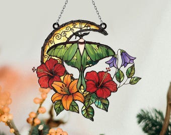 Luna Moth Butterfly Suncatcher, Butterfly Acrylic Ornament, Stained Glass Window Hangings Wall Art