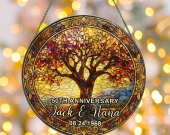 Personalized Tree of Life 50th Anniversary Gift, Wedding Anniversary Glass Suncatcher, Tree Of Life Couple Ornament, Gift For Parents