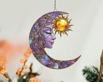 Moon and Sun Acrylic Suncatcher Window Hanging: Celestial Boho Decor