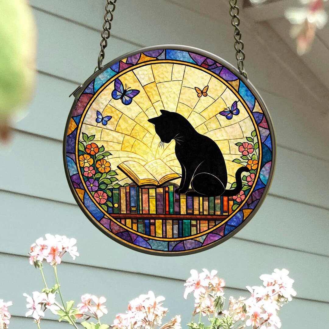 Black Cat and Books Stained Glass Suncatcher, Book Window Hanging ...