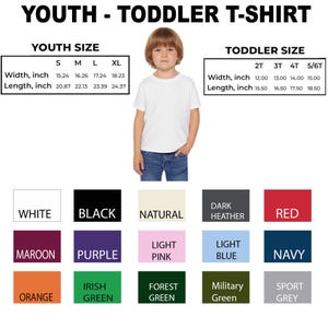 May include: A white youth t-shirt with size charts for youth and toddler sizes. The size charts include measurements in inches for width and length. Available colors include white, black, and red.