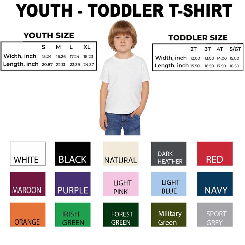 May include: A white youth t-shirt with size charts for youth and toddler sizes. The size charts include measurements in inches for width and length. Available colors include white, black, and red.