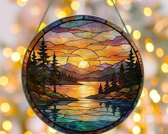 Mountain Range Stained Glass Suncatcher, Nature Suncatcher For Window Hanging, Stained Glass Window Home Decor, Sunrise Sunset Suncatcher