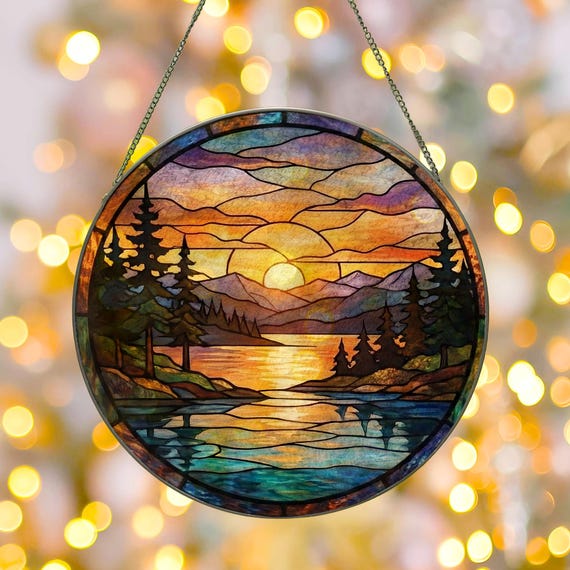 Mountain Range Stained Glass Suncatcher, Nature Suncatcher For Window Hanging, Stained Glass Window Home Decor, Sunrise Sunset Suncatcher
