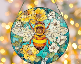 Bee Stained Glass Suncatcher, Bee Gift for Garden Lovers, Bee Wildflower Ornament, Nature Inspired Glass Home Decor, Home Decoration for Bee