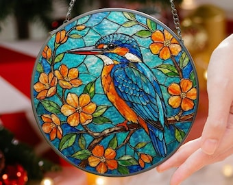 Kingfisher Stained Glass Suncatcher, Bird Window Hanging Ornament, Christmas Gifts for Kingfisher Lover, Birthday Gifts, Nature Lover Gifts