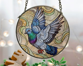 Pigeon Bird Stained Glass Suncatcher, Purple Blue Bird Suncatcheres, Family Gift, Birthday Gift, Housewarming Gift, Home Decor