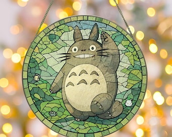 Ghibli Fan Suncatcher , Anime Lover Hobby Stained Glass, Gift For Friends, Birthday Gifts, Kids Room Decor Glass Art, Totoro Window Hanging