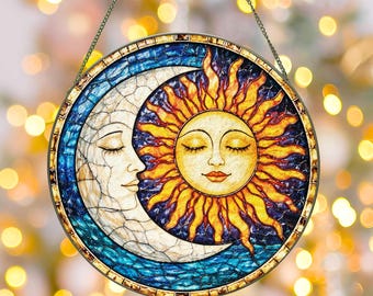 Sun & Moon Stained Glass SunCatcher, Sun and Moon with Faces Light Catcher Window Hanging Home Decoration Gift, Sun and Moon Lover