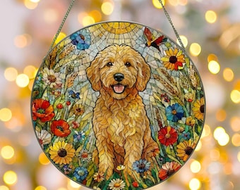 Goldendoodle Wildflower Glass Suncatcher: Window Decor Hanging