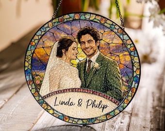 Custom Photo Stained Glass Suncatcher: Couple Portrait Window Hanging, Valentine Gift, Anniversary Gift for Husband Wife