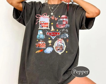 Comfort Colors®Coquette Bow Disney Cars Shirt, Lightning McQueen Mater Doc Hudson Sally Carrera,  Disney Lightning McQueen Cars Family Shirt